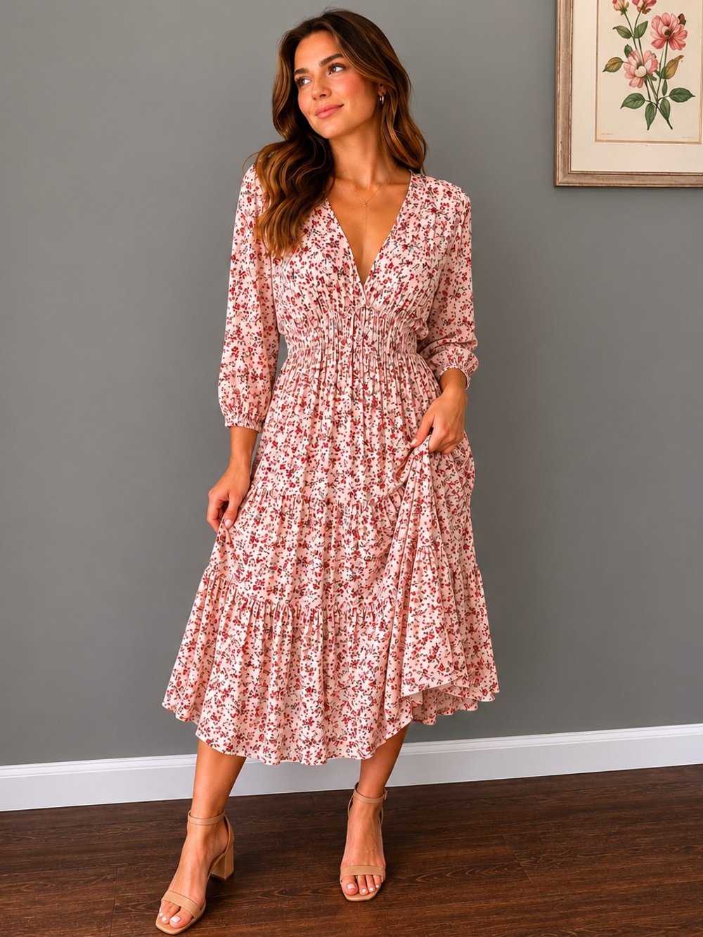Ces Femme Boho Pink Ditsy Floral V-Neck Handkerchief Dress Size M